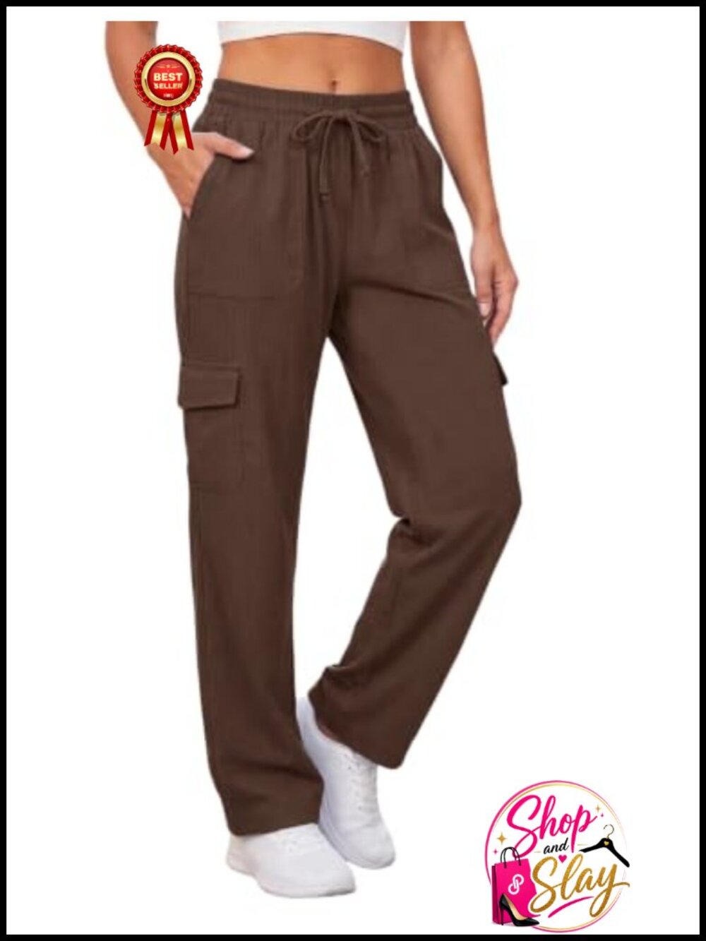 Womens Cargo Pants High Waisted Straight Leg Drawstring Hiking - Picture 1 of 5